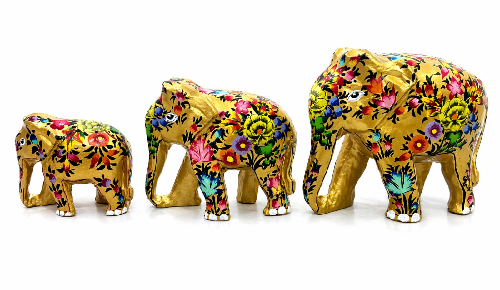 Handmade Elephant Family Set , Wooden Elephant set , hand painted paper mache sculpture from Kashmir